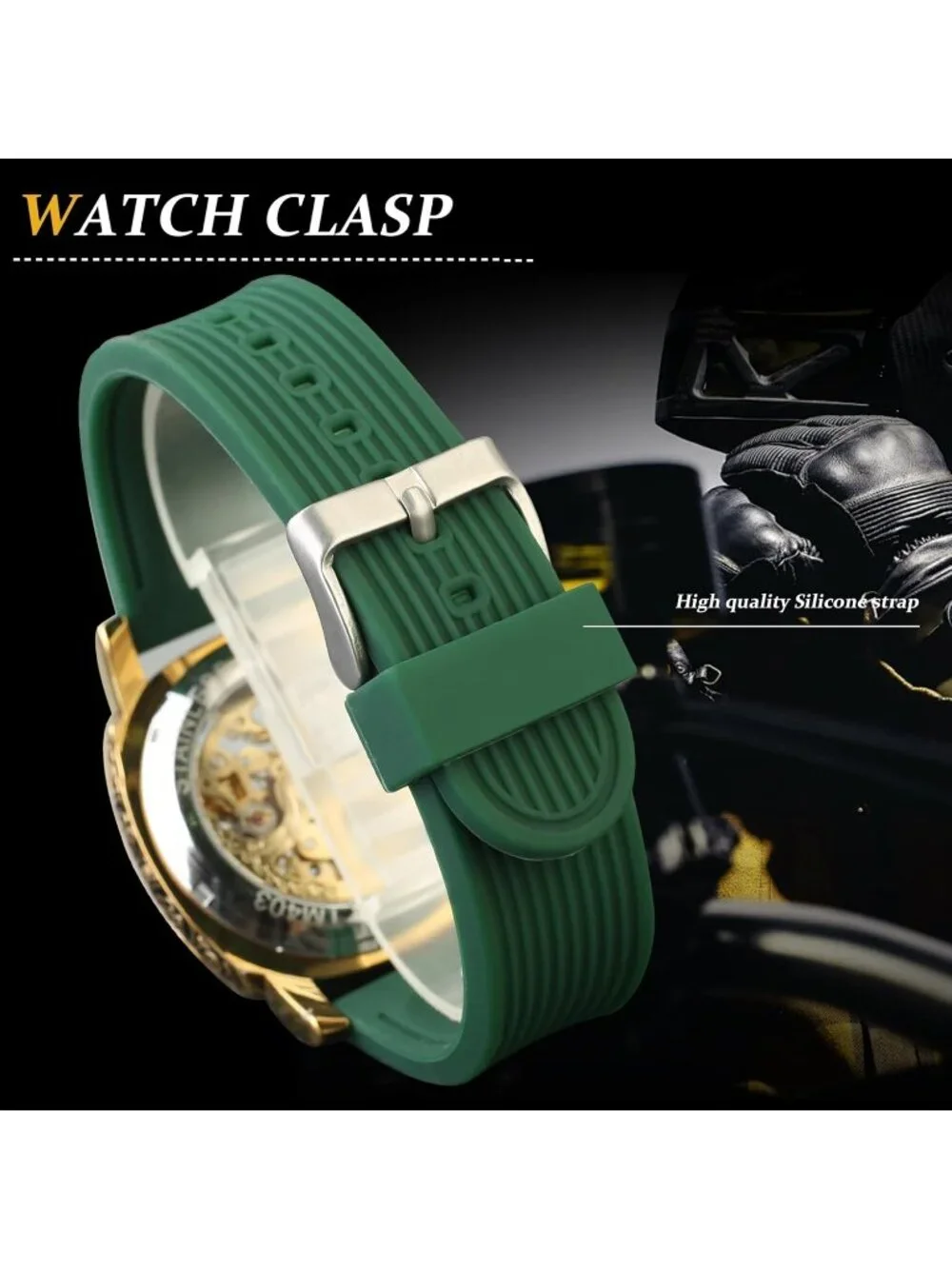 Men's Green Gold Square Mechanical Rubber Strap Self-Wind Carved Automatic Watch